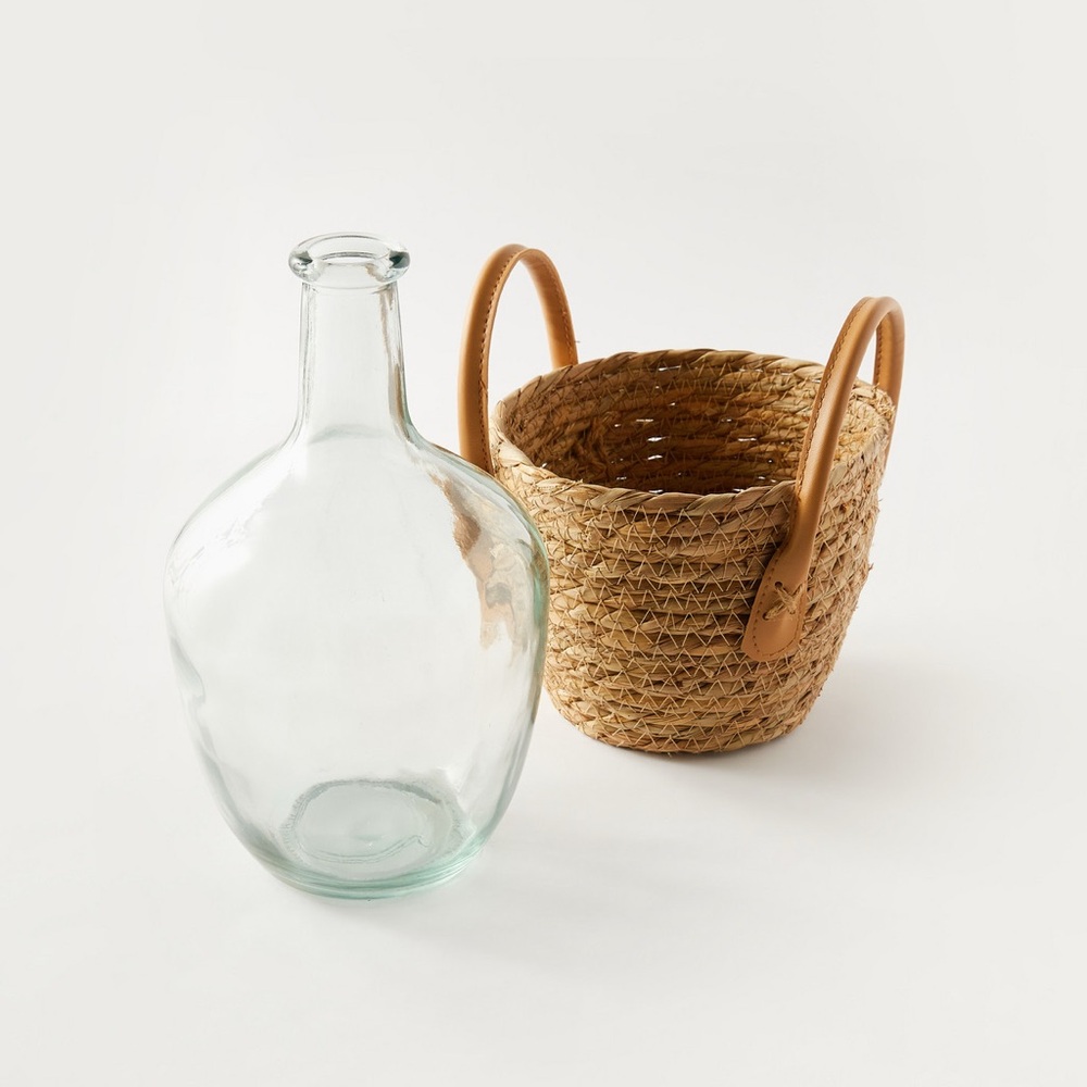 Glass Bottle in wrapped Seagrass with Faux Leather Handles